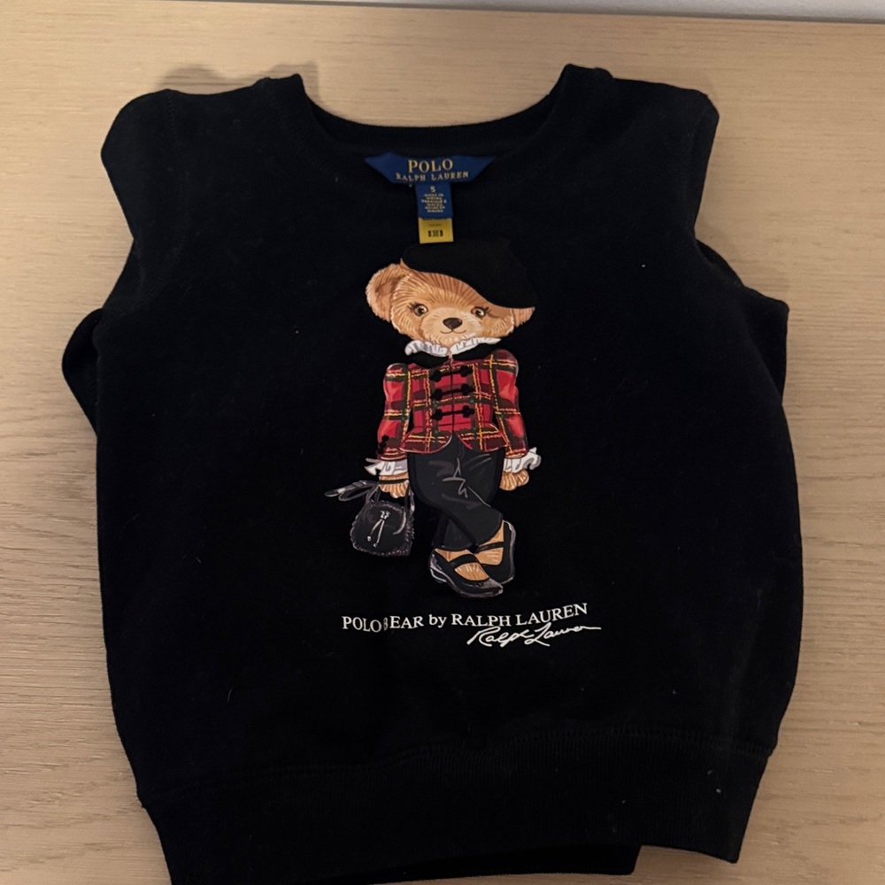 Girls size 5 Ralph Lauren Black Sweater with Bear Graphic. Great Condition